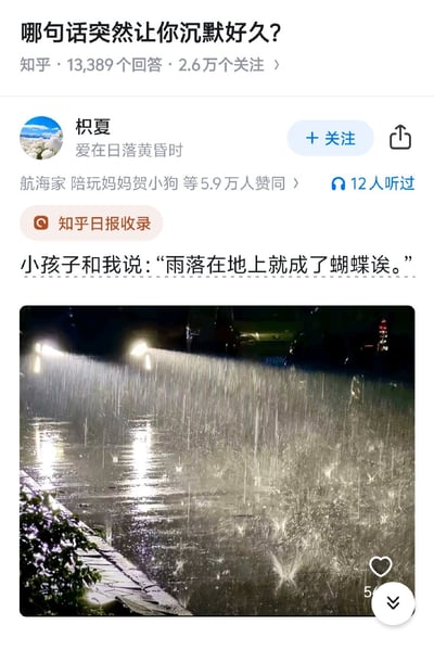 这是一张知乎回答的截图，问题为“哪句话突然让你沉默好久？”。用户“枳夏”分享了一个让其沉默的瞬间：小孩子对她说“雨落在地上就成了蝴蝶诶。”。回答下方配有一张夜晚雨景照片，路灯下的雨滴密集落下，地面水洼反射光线，雨滴仿佛真的像蝴蝶般在夜色中飞舞。该回答获得了航海家、陪玩妈妈贺小狗等5.9万人赞同，并被知乎日报收录。