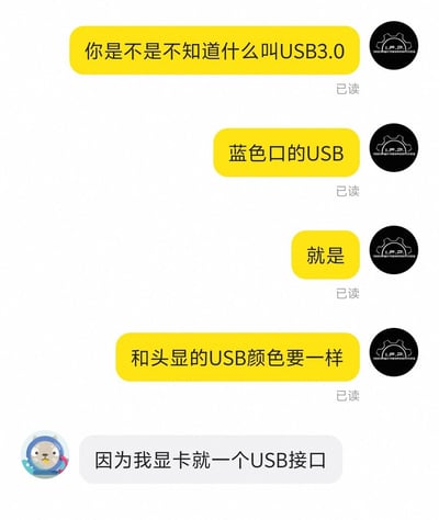 这是一张即时通讯软件的聊天记录截图，图中两名用户正在讨论头显与显卡的连接问题：头像是齿轮标志的用户先向对方科普USB3.0为蓝色接口，要求头显的USB接口需和显卡的USB接口颜色一致，随后头像是蓝衣服卡通动物形象的用户回复称自己的显卡只有一个USB接口，该表述违背常规显卡几乎不会配置USB接口的硬件常识，显得十分离谱，具有很强的喜剧效果。