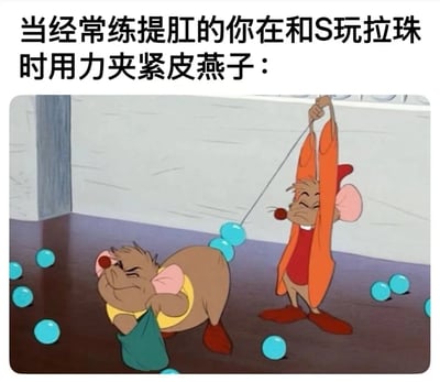 这是一张二次创作的低俗搞笑梗图，顶部配文“当经常练提肛的你在和S玩拉珠时用力夹紧皮燕子：”，图中截取了经典老动画的场景，左边的肥老鼠对应“练提肛的你”，它眉头紧皱、夹紧屁股，呈现出用力憋劲的状态；右边的瘦老鼠对应“S”，它双眼紧闭、咬牙使劲拉扯连接肥老鼠屁股的蓝色珠串，地上还散落着一些同款蓝色珠子。该图用夸张的动画场景，将提肛后括约肌力量增强的设定和拉珠的低俗场景结合，制造出反差搞笑的效果，属于网络上的低俗玩梗内容。