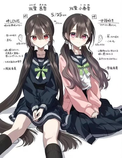 插画中展示了两位身着水手服的双胞胎少女，左侧双叶茜音为黑发红瞳，表情冷峻，标注有风纪委员身份及性格特点；右侧双叶小春音为粉发红瞳，面带微笑，标注为学年委员及性格喜好。两人均梳双马尾，佩戴绿色蝴蝶结，周围配有日文角色设定文字，整体呈现典型的二次元校园角色设计风格。
