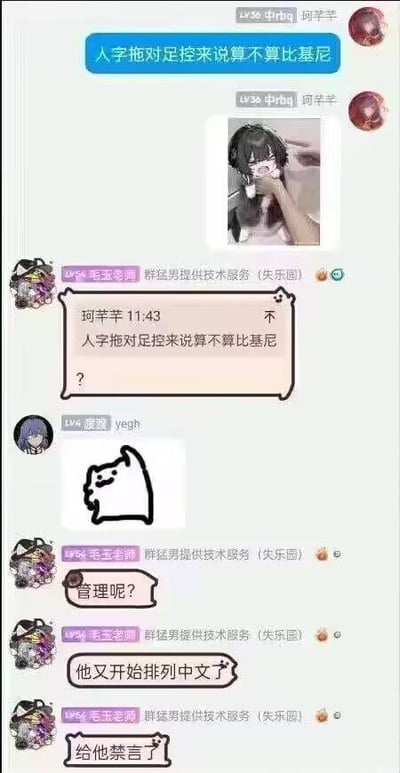 这是一张QQ群的聊天记录截图，用户「珂芊芊」在群里两次提问「人字拖对足控来说算不算比基尼」，还附带了一张动漫风格的脚部被抚摸的插画，将足控对脚部的关注类比为比基尼对身体的遮挡，用荒诞的类比制造搞笑效果；随后用户「渡渡」发送了一张猫咪歪头疑惑的表情包，表达对这个奇怪问题的不解；最后用户「毛玉老师」喊话管理，称「他又开始排列中文了」，要求给「珂芊芊」禁言，进一步放大了这个奇怪提问带来的搞笑氛围。对于图中的问题，这是一个荒诞的类比玩梗，将人字拖对脚部的遮挡效果类比为比基尼对身体的遮挡，以此调侃足控对脚部的关注，属于搞笑的趣味提问，没有标准答案。