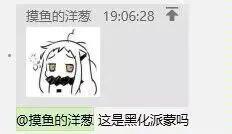 这是一张社交聊天记录截图，上方显示发送者“摸鱼的洋葱”与发送时间19:06:28，配图是将游戏《原神》中的角色派蒙进行P图改编后的黑化形象，角色头发炸起、大张嘴巴，呈现出抓狂崩溃的状态；下方是发送者补充的文字“@摸鱼的洋葱 这是黑化派蒙”，用这个改编的表情包来传递抓狂、崩溃的情绪，属于网友自制的玩梗内容。