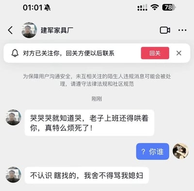 这是一张社交媒体聊天记录截图，顶部显示聊天对象昵称为“建军家具厂”，对方首先发送了一段宣泄不满的话，抱怨对方总哭、自己上班还要哄觉得很烦；在收信人疑惑询问“？你谁”之后，该用户坦言自己不认识对方，是随便找的陌生人，因为舍不得骂自己的媳妇所以找陌生人发泄情绪，内容充满反差感，十分荒诞搞笑。
