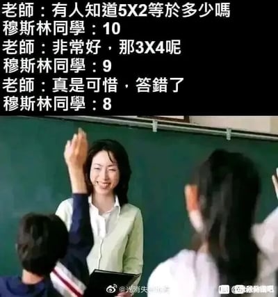 这是一张图文混排的搞笑内容图，上方是一段课堂对话文字：老师先提问5×2的结果，穆斯林同学回答10，得到老师的肯定；接着老师提问3×4的结果，正确答案为12，穆斯林同学却回答9，老师指出答错后，同学又说出8。这个内容是利用“穆斯林”的中文谐音玩冷笑话，将“穆斯林”谐音为“数八零”，同学在答对10后开始从10往下倒数9、8，制造出无厘头的搞笑效果。下方的配图是真实的教室场景，一位面带笑容的女老师站在黑板前，两名学生举起手，还原了课堂提问的真实氛围，让段子更有代入感。