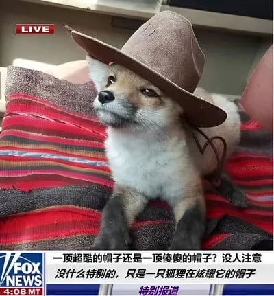 图片中一只狐狸戴着棕色牛仔帽，淡定地躺卧在红黑条纹坐垫上。左上角有红色'LIVE'直播标识，底部模仿FOX NEWS新闻栏样式，配有中文文字：'一顶超酷的帽子还是一顶傻傻的帽子？没人注意 没什么特别的，只是一只狐狸在炫耀它的帽子'及'特别报道'字样。整体通过动物拟人化与新闻节目形式的反差制造幽默效果，萌宠形象搭配恶搞新闻元素，风格轻松有趣。