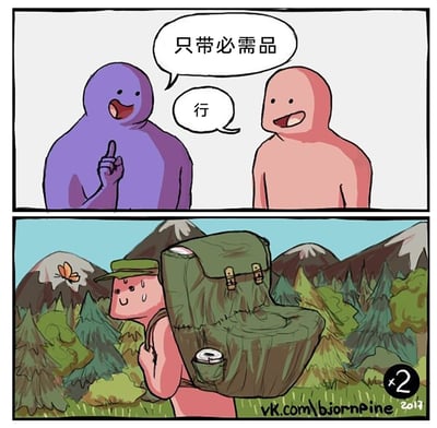 这是一幅两格的搞笑连环卡通漫画。第一格的室内场景中，紫色的卡通角色面带笑容，手指向上，对粉色卡通角色叮嘱“只带必需品”，粉色角色笑着回应“行”；第二格场景切换到户外的山林环境，背景是覆盖着积雪的山脉和茂密的树林，粉色角色戴着绿色帽子，满头大汗，正艰难地背着一个做成马桶形状的巨大背包，显然是将马桶理解为露营出行的“必需品”，通过这种对“必需品”的奇特误解，制造出荒诞搞笑的喜剧效果，展现了日常沟通中的理解偏差带来的趣味场景。