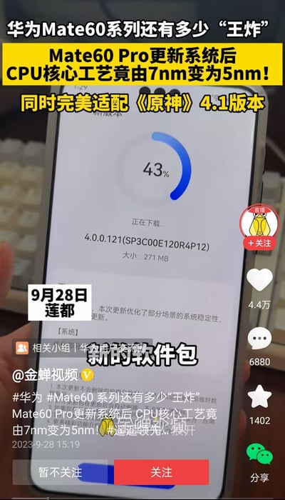 这是一张抖音平台的短视频截图，展示了华为Mate60 Pro正在下载版本号为4.0.0.121的系统更新包，下载进度43%。配文宣称该机型在更新系统后，CPU核心工艺从7nm升级为5nm，同时还能完美适配热门游戏《原神》4.1版本，突出华为Mate60系列的强劲升级，带有“遥遥领先”的网络热词，发布于2023年9月28日莲都，吸引数码爱好者和华为用户的关注。