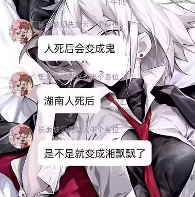 这是一张图文混排的聊天记录截图，背景是一位银发、身着白衬衫红领带的动漫人物，聊天框中用户“长坂坡领先赵云半个身位”接连发送三条消息，构建了一个谐音梗笑话：先以“人死后会变成鬼”做铺垫，接着引出“湖南人死后”，最后抛出笑点“是不是就变成湘飘飘了”。
笑点解析：利用湖南的简称“湘”与奶茶品牌“香飘飘”的“香”做谐音替换，结合“鬼魂俗称飘飘”的说法，玩了一个双关谐音的冷幽默，将地域元素与品牌名称结合制造趣味。