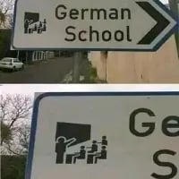 这是一组上下对比的路牌照片，上图展示了一个指向“German School（德国学校）”的完整路牌，路牌左侧的图标远看是两个站立的人物；下图是近距离拍摄该路牌的图标区域，原本的图标因视角和细节呈现出完全不同的画面：一个人对着一排人做出类似纳粹礼的动作，形成了强烈的视觉错位效果。
这是利用视觉错位制造的搞笑梗，远观和近看的图标场景反差巨大，带来荒诞的笑点。
