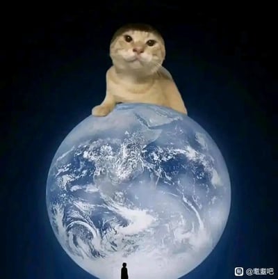这是一张经过创意合成的趣味静态图，画面背景为深邃的黑色宇宙空间，一颗完整的地球位于画面中央，一只猫咪的头部和上半身被合成在地球的顶端，猫咪表情平静淡然，一只前爪搭在地球表面，仿佛是体型远超星球的巨型生物。在地球的下方，有一个渺小的人类剪影正抬头仰望这只“巨型猫咪”，强烈的体型反差营造出荒诞又搞笑的视觉效果，图中没有双关、谐音梗或暗示内容。