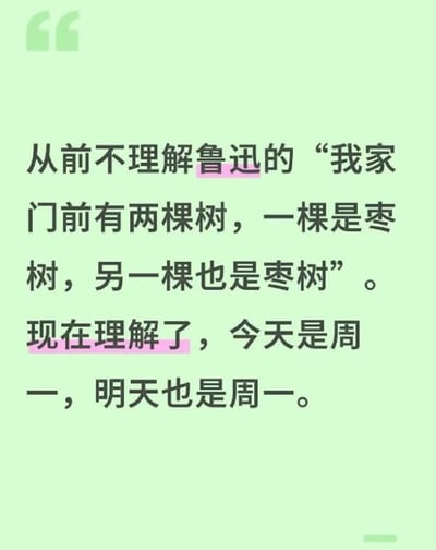 这是一张浅绿色背景的纯文字梗图，通过改编鲁迅经典名句“我家门前有两棵树，一棵是枣树，另一棵也是枣树”，幽默表达对周一漫长感的共鸣。图中“鲁迅”和“现在理解了”两处文字用粉色高亮显示，整体以黑色文字呈现，结构上先引用原文再给出当代生活化解读：“现在理解了，今天是周一，明天也是周一”，用重复手法强化周一的单调与漫长感，引发打工人对工作日的无奈吐槽。