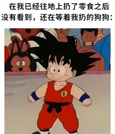 这是一张动漫梗图，上方配有文字“在我已经往地上扔了零食之后 没有看到，还在等着我扔的狗狗：”，下方是《龙珠》中的幼年孙悟空截图。图中悟空穿着红色战斗服，头发竖起，表情带着一丝期待和困惑，背景有其他角色围观，整体用动漫角色的表情来幽默表现狗狗没看到零食仍在等待的可爱场景。