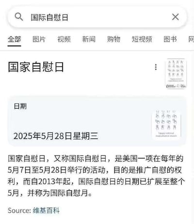 这是一张搜索引擎搜索「国际自慰日」后的网页结果截图，页面顶部显示搜索关键词为「国际自慰日」，下方展示了标题为「国家自慰日」的科普内容，包含标注的日期「2025年5月28日星期三」，以及详细的介绍文字：国家自慰日又称国际自慰日，最初是美国在每年5月7日至5月28日举办的活动，旨在推广自慰的权利，自2013年起，该活动的日期扩展至整个5月，被称为国际自慰月，信息来源标注为维基百科。