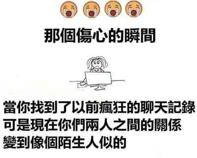 图片顶部排列着四个😭哭泣表情，中间是醒目的黑色大字标题'那个伤心的瞬间'。下方是一幅简笔画风格的插图：一个头发凌乱的人物，神情沮丧地低着头，双手抱着一台笔记本电脑。插图下方配有文字：'當你找到了以前瘋狂的聊天記錄 可是現在你們兩人之間的關係 變到像個陌生人似的'，生动描绘了翻到过去亲密聊天记录时，却发现如今关系已疏远如陌生人的伤感场景。