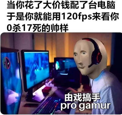 图片上方配有文字“当你花了大价钱配了台电脑 于是你就能用120fps来看你0杀17死的帅样”，下方是一个戴着耳机、头部被替换成白色人体模型头的人物，正坐在多显示器的游戏电脑前，屏幕显示游戏画面。右下角有文字“由戏搞手 pro gamur”，整体通过夸张对比和自嘲的方式，调侃高配置电脑却用于观看自己糟糕游戏表现的幽默场景。