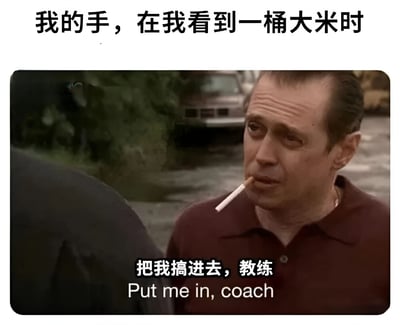 这张梗图使用了电影截图，图中一名男子嘴里叼着香烟，表情严肃地看着前方。图片上方配有文字"我的手，在我看到一桶大米时"，下方则是男子的台词"把我搞进去，教练"并附有英文翻译"Put me in, coach"。这种将原本可能是严肃场景的电影截图配上与大米相关的幽默文字，形成了有趣的反差效果。