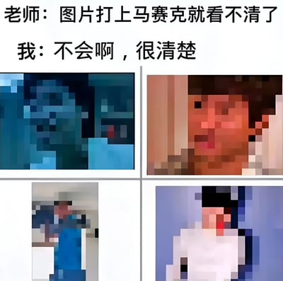 这张梗图展示了老师和学生关于马赛克效果的对话，老师认为马赛克会让图片看不清，但学生却声称看得很清楚，下方配有四张极度像素化的图片，形成幽默的反差效果。