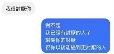 这是一张竖屏的聊天记录截图，画面里只有两个带对白的气泡：上方白色气泡是对话发起者发来的「我很讨厌你」，下方蓝色气泡是回复者用戏谑的语气反向回怼：「对不起
我已经有讨厌的人了
谢谢你的讨厌
祝你以后能遇到更讨厌的人」。回复者将「被讨厌」的恶意反向转化为一种「名额已满」的拒绝，用错位的逻辑幽默反击对方的恶意，没有双关或谐音梗，核心是用搞笑的话术消解负面情绪，达到解气的效果。
