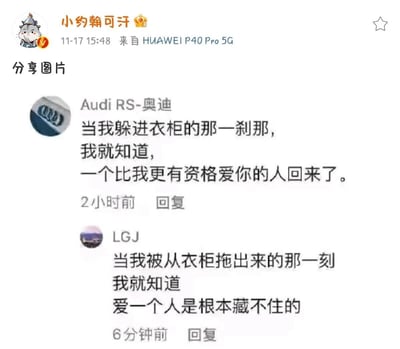 这是微博博主“小约翰可汗”分享的两条网友回复截图，第一条是账号“Audi RS-奥迪”以出轨者躲进衣柜的视角，用文艺伤感的语气自嘲，暗示正牌伴侣归来，自己的“身份”不被认可；第二条账号“LGJ”承接上一条的场景，以被从衣柜拖出来的视角，同样用文艺的语气调侃“爱藏不住”，两条回复形成递进式的荒诞效果，将出轨被抓的尴尬场景用悲情文案包装，制造强烈的反差笑点，是典型的网络梗二次创作。