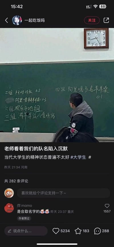 这是一张竖屏的社交媒体截图，记录了大学校园课堂里的搞笑场景：一位男老师背对着镜头，面对黑板上学生们取的一系列无厘头队名陷入沉默。黑板上的队名包括“二组 阿对对队”“四组 阿里嘎多喜羊羊桑”“六组 欢乐斗地主组”“三组 沸羊羊你八嘎呀路”等，融合了网络热梗、谐音玩梗和二次元元素，风格搞怪荒诞。配文“老师看着我们的队名陷入沉默”“当代大学生的精神状态普遍不太好”点出了场景的笑点，评论区用户“炸momo”的热门评论“是会取名字的🥵🥵”也呼应了这些队名的搞笑程度，整体内容展现了当代大学生幽默搞怪的校园日常，充满轻松诙谐的氛围。