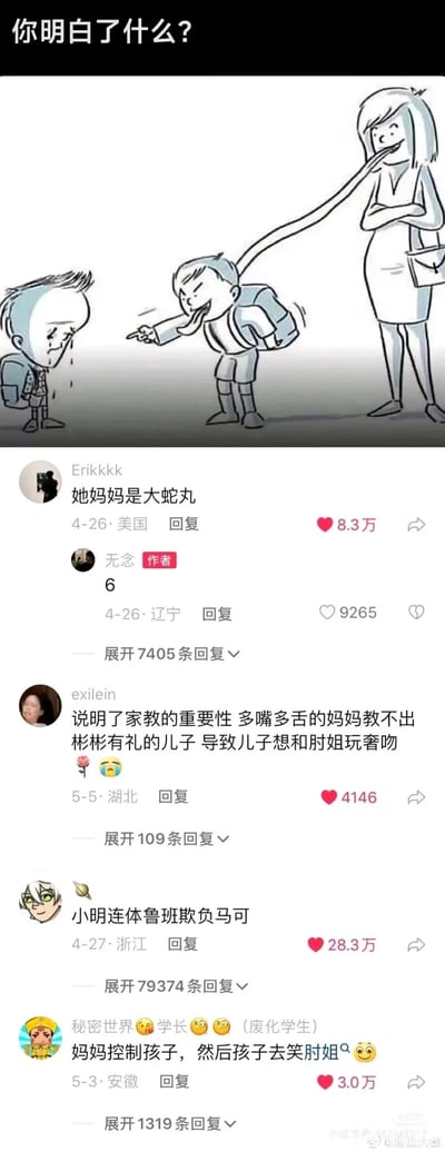 这是一张图文混排的社交媒体截图，上方是一幅讽刺漫画：画面顶部配文“你明白了什么？”，画中一位女士用自己的长舌头连接并控制着一个背着书包的男孩，男孩伸着与女士相连的长舌头，手指着另一个正在哭泣的男孩，做出嘲笑欺凌的姿态，女士则双手抱胸，神态得意。下方是该漫画在社交平台的评论区内容，网友们结合流行文化进行玩梗与解读：有玩《火影忍者》大蛇丸长舌头梗的评论，获赞8.3万；有解读为家教重要性的评论；还有结合《王者荣耀》英雄关系的“小明连体鲁班欺负马可”的游戏梗评论，获赞28.3万，是最高赞评论；也有评论直接点出漫画内涵是妈妈控制孩子，孩子将负面行为施加到他人身上。整体内容围绕漫画里家长过度控制孩子，导致孩子产生欺凌行为的现象，网友用玩梗和解读的方式展开讨论。