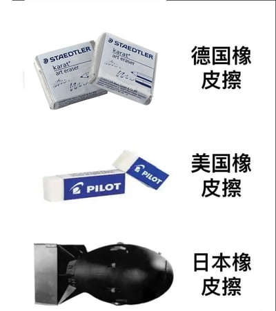 图片通过德国、美国、日本各自“橡皮擦”的对比黑色幽默，使用原子弹象征性“擦掉”以表达历史讽刺，有明显双关含义。