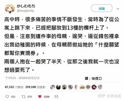 这是一张社交媒体截图，内容为用户@loveglasslip发布的个人感人故事。帖子讲述了高中时期因痛苦想从13楼公寓跳下的作者，被母亲发现后，母亲边哭边拿出作者幼儿园时在母亲节制作的「什么愿望都帮你实现券」，两人抱在一起哭了半天，此后作者再也没有想过要死。截图显示发布时间为2018年10月12日下午6:21，获得67,332次转发和259,100次喜欢，底部有翻译者「哈捏口」的标注及「知乎 @黄老屁」的水印。