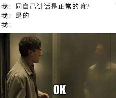 图片上半部分是三段自问自答的文字：“我：同自己讲话是正常的嘛？”“我：是的”“我：”，下半部分是一个男人在电梯内看向自己倒影的场景，画面底部有“OK”字样。整体通过文字与场景结合，幽默地表现了人们自言自语时的内心状态，用电梯倒影暗示“自己与自己对话”的情境。