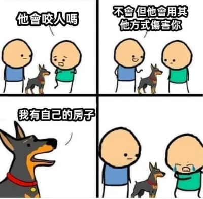 本梗图以四格漫画的形式展现，两个人物和一只狗的对话。一个人问“他会咬人吗”，另一个人说“不会但他会用其他方式伤害你”，然后狗开口说“我有自己的房子”。最后主人公流下了伤心的泪水。这张图以幽默方式影射了现代社会的一些焦虑话题，如房产、阶层，属于典型的自嘲式梗图。

**双关/暗示说明**：狗的“我有自己的房子”明显是一种超越现实的拟人化设定，实际是在隐喻现实中“房奴”焦虑、买房压力等，让没有房子的年轻人‘受伤’，体现了社会热点与幽默融合。
