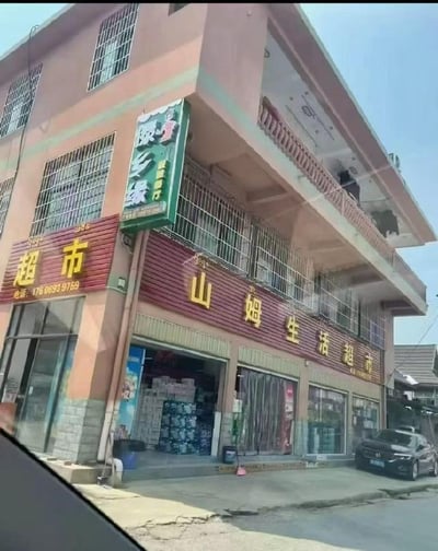 这是一张从车内视角拍摄的户外街景实拍图，主体是一栋三层高的粉色村镇自建楼房，楼房一二层被改造为临街商铺：右侧是面积较大的“山姆生活超市”，红色门头配黄色大字，店内可见堆放的货品，门口有透明门帘；左侧是面积更小的普通超市，红色门头写有黄色“超市”字样和联系电话17606939759，小超市上方还悬挂着绿底的“绿乡缘”竖版招牌。楼房低层的所有窗户都安装了白色金属防盗网，二层带有带红色栏杆的外阳台，超市门前的空地上停放着一辆黑色轿车。这张图的趣味点在于国际知名的付费会员制商超“山姆会员店”被村镇本地的小型生活超市直接山寨名称，和大众认知里的高端山姆门店形成强烈反差，颇具笑点。
