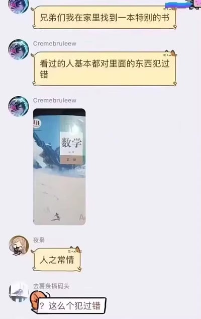 这是一段群聊截图梗图：用户Cremebruleew先在群里说“兄弟们我在家里找到一本特别的书”，接着补充“看过的人基本都对里面的东西犯过错”，随后发出一本高中《数学 必修 第一册》的课本图片。群友“夜枭”回复“人之常情”，另一位群友“去薯条搞码头”则发出疑惑“？这么个犯过错”。这个梗用略带严肃的“犯过错”来形容做数学题时出错的经历，精准戳中大家学数学时总会做错题的共鸣点，通过反差感制造搞笑效果。