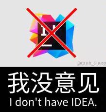本图是一张带有双关语的中文梗图，上半部分展示了JetBrains公司的IDEA（IntelliJ IDEA）软件的logo，并被红色叉叉画掉，下方配有大字中文“我没意见”，以及英文“I don't have IDEA.”。其中“I don't have IDEA”既表达了“没有想法/没有意见”的意思，同时IDEA也代表软件IntelliJ IDEA，形成程序员圈常见的双关冷笑话。在表达“没有意见”的同时也影射了缺乏这个开发工具。

本图巧妙运用了英文字面与软件名的中英双重含义，含蓄地表达了‘无意见’和‘没有开发工具IDEA’两层意思，属于典型程序员群体之间的幽默。

**双关说明**：IDEA一方面是英语中“主意/意见”的意思，同时也是IntelliJ IDEA软件的简称，这里‘没有IDEA’形成了两层意思。