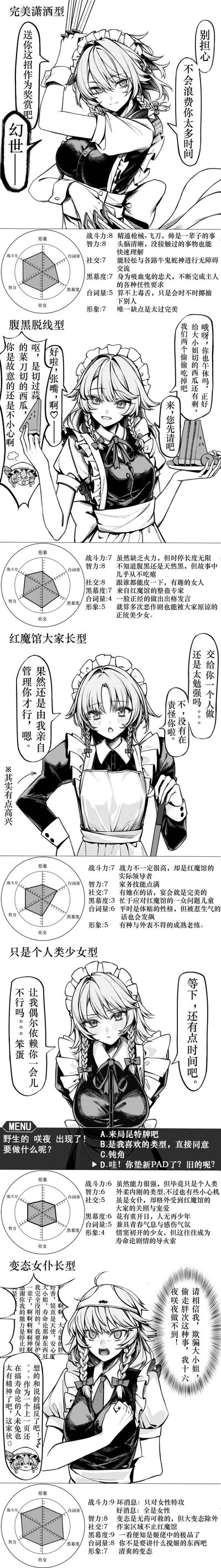 这是一组黑白连环漫画，以一位金发女仆角色为主角，通过多个分镜详细展示并解释了五种不同的"女仆类型"。每个类型都配有角色姿态展示、文字说明和六边形特征图表，包括"完美潇洒型"、"厨娘洗衣型"、"红霞功夫型"、"只当个人类小姐型"和"变态专卡型"。漫画采用典型的日式漫画风格，图文结合，既有角色生动的表情动作，又有详细的文字解释。