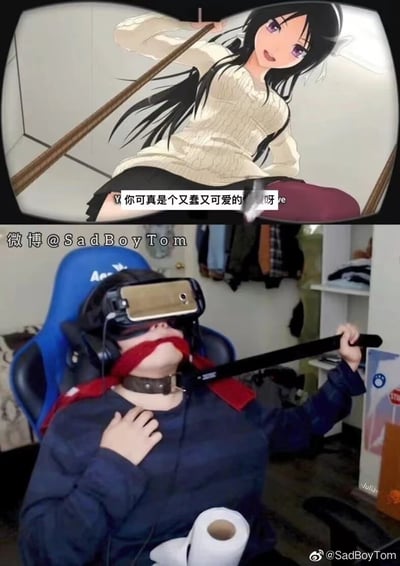 上下拼接的对比图，上半部分是动漫少女手持台球杆的可爱形象，配文"你可真是个又蠢又可爱的家伙呀"；下半部分是现实中一名戴着VR设备的人被台球杆抵住颈部的搞笑场景，形成虚拟与现实的幽默反差。
