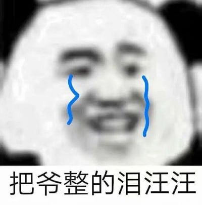 一张经典熊猫头表情包，人物面部被处理成熊猫头部特征，脸上带着夸张笑容但双眼下方被画上蓝色泪痕。图片底部配有文字'把爷整的泪汪汪'，表达一种哭笑不得、被弄得感动或无奈的情绪。这种表情包通常用于表达被某事触动或逗乐到流泪的复杂心情。