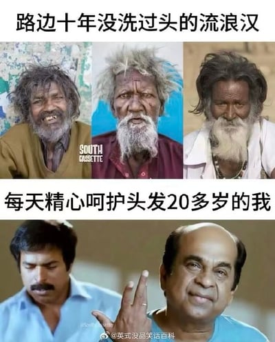 图片分为上下两部分进行对比：上半部分展示三位头发凌乱但茂密的流浪汉，配文“路边十年没洗过头的流浪汉”；下半部分是两位头发稀疏、发际线后移的年轻男性，配文“每天精心呵护头发20多岁的我”。通过强烈反差幽默地表达了年轻人即便精心护发仍面临脱发困扰，而流浪汉虽长期不洗头却头发茂密的无奈自嘲情绪。