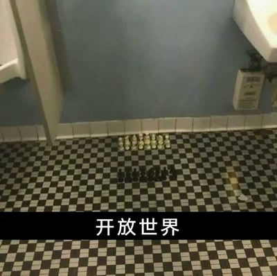 图片展示了一个浴室场景，地面是黑白格子瓷砖，上面整齐排列着国际象棋的白方和黑方棋子，双方棋子呈直线对峙。图片底部有一条黑色横幅，上面用白色中文写着“开放世界”。这张图通过将狭小的浴室空间与游戏术语“开放世界”（通常指广阔、可自由探索的虚拟环境）结合，形成强烈反差，达到幽默讽刺的效果，暗示所谓的“开放世界”可能实际上空间有限。