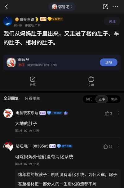 这是一张百度贴吧「弱智吧」的帖子截图，楼主用户「白骨鸟语」以独特的比喻视角，将人从出生到死亡所身处的不同空间——母亲体内、楼房、车辆、棺材，形容为进入各类「肚子」，构建出一种充满荒诞感的人生叙事。后续用户纷纷参与互动：「电脑玩家乐迪」补充了最终归宿「大地的肚子」；「贴吧用户_083S5a5」跳出原比喻逻辑，提出「除妈妈外它们没有消化系统」的观点，获得较高点赞；「烤年糕的熊孩子」则进一步将比喻落地，感慨车、房子、棺材这些「肚子」实际上消耗了许多人的一生，让原本荒诞的讨论带上了对现实生活压力的隐性感慨，整体内容兼具脑洞趣味与现实反思。