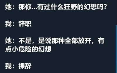 这是一张纯文字对话梗图，通过简短的对话展现了当代打工人的幽默自嘲。对话中，一方询问对方的“狂野幻想”，对方先回答“辞职”，在被进一步要求描述“全部放开、有点小危险”的幻想时，回答“裸辞”。图片以黑色背景白色文字呈现，用反差感突出打工人对摆脱工作压力的强烈渴望，内容轻松搞笑又带着一丝无奈。