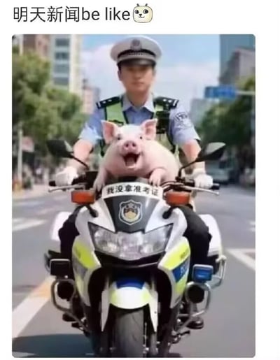 这是一张经过PS改编的搞笑梗图，顶部配有文字“明天新闻be like”和可爱卡通表情，主体画面是一名交警驾驶警用摩托车行驶在城市道路上，车头位置被P了一只张嘴大笑的粉色小猪，还添加了文字“我没拿准考证”，用来调侃每年高考季都会出现的考生忘带准考证、交警帮忙护送取回的高频社会新闻场景，风格诙谐有趣，贴合高考期间的网络讨论热点。