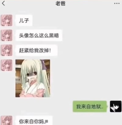 这是一段微信父子聊天记录截图：老爸看到儿子的黑暗风格头像，要求儿子立刻换掉，还发了一张《缘之空》里春日野穹的柔和风格动漫图；儿子故意装酷回复“我来自地狱..”，被老爸一句接地气的“你来自你妈”直接怼回，充满家庭日常的搞笑反差感，没有双关或谐音梗，直白的对话凸显了长辈和年轻人的代沟与趣味互动。