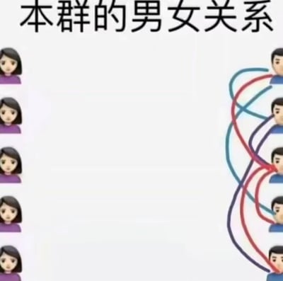 这张图采用左右对比的构图形式，左侧是5个彼此无任何连接的女性人物emoji，右侧是5个被红、蓝、黑交叉线条密集连接的男性人物emoji，上方配文“本群的男女关系”。通过强烈的视觉反差，调侃群内男性之间的关系复杂混乱，与女性这边的毫无关联形成鲜明对比，制造出搞笑的调侃效果。