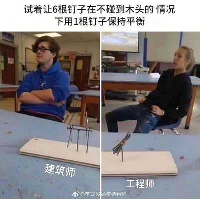 这是一张左右对比的静态实拍拼接图，图中设置了一个平衡挑战：试着让6根钉子在不碰到木头的情况下用1根钉子保持平衡。左侧是建筑师的解决方案：将钉子通过结构搭建的方式，相互支撑实现平衡，旁边的建筑师双臂抱胸，神态自信笃定，似乎对自己的结构方案很满意；右侧是工程师的解决方案：把所有钉子捆绑在一根钉子上，以此满足“不碰到木头且用1根钉子保持平衡”的要求，旁边的工程师姿态放松，一脸轻松。这张图通过两种截然不同的解题思路，调侃了建筑师和工程师在思维模式上的差异：建筑师更偏向于通过结构设计来达成目标，而工程师则更倾向于用简洁实用的方式解决问题。