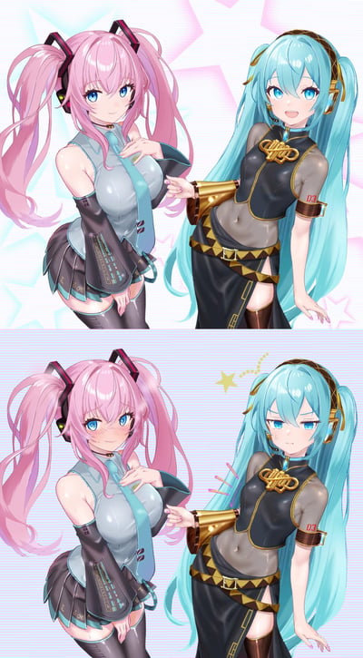 这是一张上下对比的二次元同人创作图，上方画面中，巡音流歌穿着初音未来的经典公式服，初音未来身着深色带金饰的风格服装，两人姿态优雅大方；下方则是同一姿势的后续情景：巡音流歌的手不慎碰到了初音未来的腹部，巡音瞬间满脸害羞泛红，初音则露出窘迫无奈的表情，画面用箭头标注出触碰位置，营造出软萌的尴尬氛围。图中无谐音梗、双关或暗示内容。