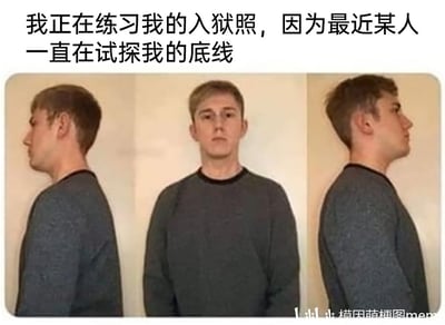 这是一张横版的图文混排真人梗图，上方配有黑色简体中文文案“我正在练习我的入狱照，因为最近某人一直在试探我的底线”，下方是三张拼接在一起的照片，展示了同一位穿着深色圆领上衣的不知名男子的正面、左侧面、右侧面，男子表情严肃，身体端正站立，完全模仿了入狱时拍摄档案登记照的标准姿态。这张图通过夸张的玩笑方式，幽默地表达了自己被他人反复触碰忍耐底线后，愤怒到几乎要做出极端行为的情绪，用“练习入狱照”的荒诞说法来放大自己的不满，属于典型的网络模因搞笑内容，适合用来吐槽让自己忍无可忍的人或事。