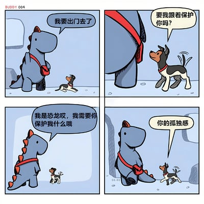 这是一幅四格漫画，讲述了蓝色恐龙和小狗之间的暖心对话。第一格中，恐龙背着红色小包说要出门；第二格中小狗热情地询问是否需要保护；第三格恐龙疑惑自己身为恐龙为何需要保护；第四格小狗回答'你的孤独感'，点破恐龙内心需求。整个漫画通过简单的对话展现了友情和陪伴的重要性，画风可爱温馨。