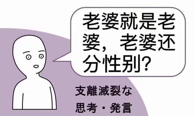 这是一张用极简漫画风格表现观点的网络梗图，主旨是针对“老婆”一词是否区分性别的争议调侃，用语直接，带有戏谑色彩。上方大字“老婆就是老婆，老婆还分性别？”阐述了作者的网络玩梗态度。下方日文“支離滅裂な思考・発言”意思是“支离破碎的思考和发言”，具有讽刺性质。图被广泛用于网络讨论性别、二次元文化或反驳性别刻板印象时。无明显双关或谐音，属于直白吐槽梗。