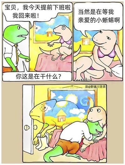 这是一组三格连环卡通漫画，以拟人化的蜥蜴为主角制造搞笑反转：第一格中，穿着衬衫领带的绿色变色龙（公蜥蜴）提前下班回家，兴奋地喊着“宝贝，我今天提前下班啦我回来啦！”，并质问坐在床上的母蜥蜴“你这是在干什么？”；第二格中母蜥蜴一脸淡定地回应“当然是在等我亲爱的小蜥蜴啊”；第三格画面揭露真相，变色龙为了抓奸利用自身变色能力伪装成了墙上的风景画，却亲眼看到母蜥蜴正和另一只绿色公蜥蜴亲密依偎，自己才是被背叛的那一个，荒诞的剧情结合变色龙的特性，充满了黑色幽默。