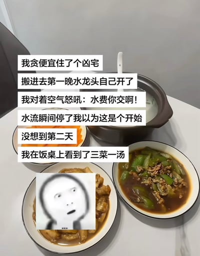 这是一张搞笑反差梗图，主体为实拍的餐桌场景，桌上摆放着做好的三菜一汤，图片上方叠加了一段趣味叙事文字，还在其中一盘菜上贴了一张满脸错愕震惊的暴漫风格表情包。文字内容讲述主人公贪便宜租住凶宅，入住第一晚水龙头自动开启，主人公对着空气怒吼“水费你交啊”后水流立刻停止，本以为是闹鬼事件的开端，没想到第二天起床就发现餐桌上多了做好的三菜一汤，用反转情节暗示所谓的“凶宅女鬼”其实是默默做家务做饭的田螺姑娘，反差感十足十分搞笑。