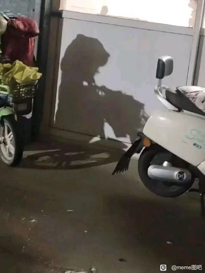 这是一张实拍的生活场景图，画面中墙面上的阴影乍看之下十分像一名戴着帽子的人正弯腰，手放在另一个蹲坐的人的头顶，仿佛是在惩罚或者互动的场景，但实际上该阴影是画面左侧停放的电动车以及车上放置的行李、袋子等物品共同投射形成的，属于视觉巧合产生的错位效果。画面左侧可见一辆带车筐的绿色电动车，车筐内放有黄色袋子，车后还有红色包裹；右侧停放着一辆白色电动车，地面为水泥地面，整体是普通的停车区域场景。